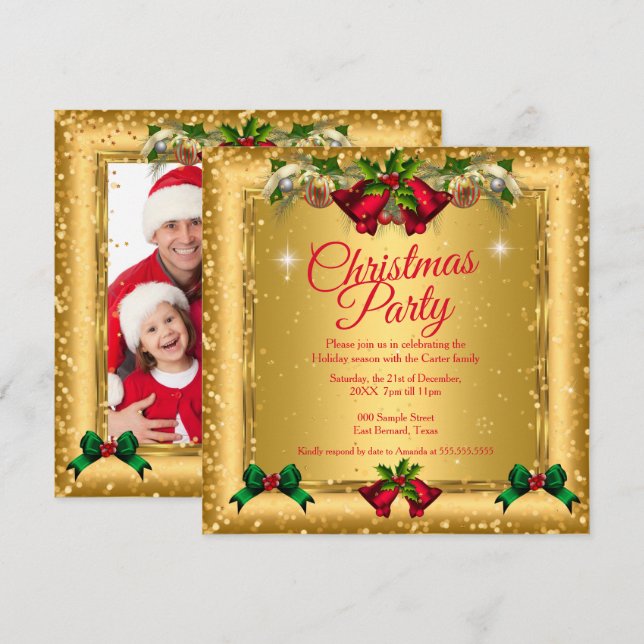 Christmas Holiday Party Gold Red Glitter Photo Invitation (Front/Back)