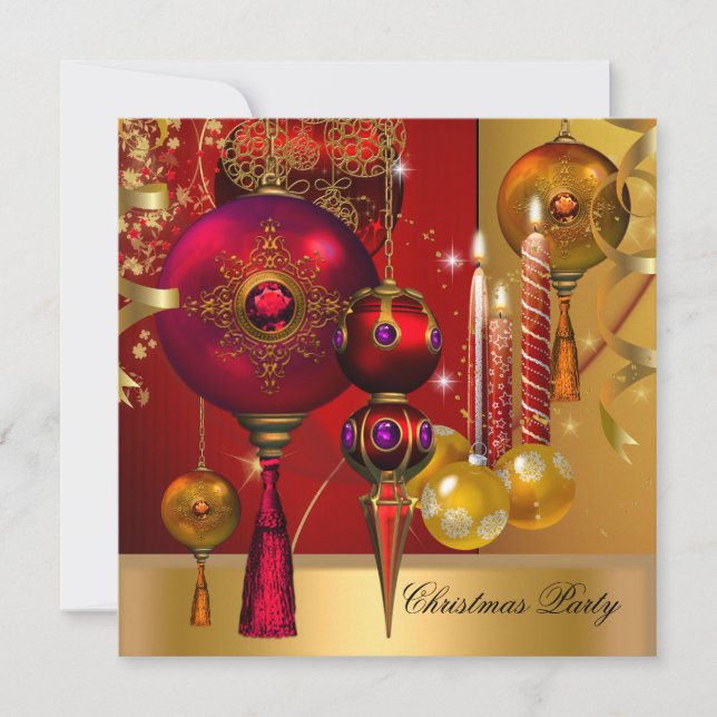 Christmas Holiday Party Gold Red Xmas Balls Invitation (Front)