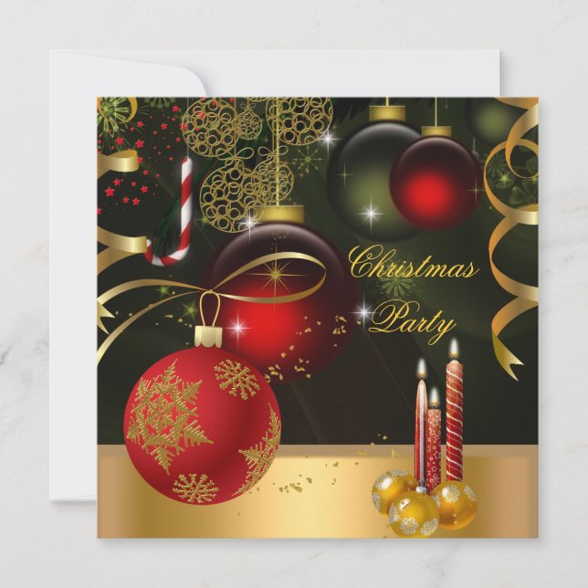 Christmas Holiday Party Gold Red Xmas Balls Invitation (Front)