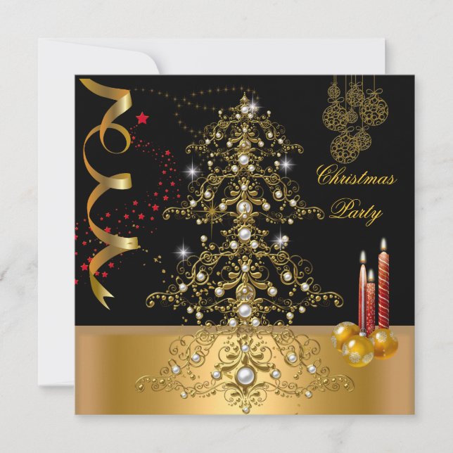 Christmas Holiday Party Gold Red Xmas Tree Invitation (Front)