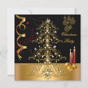 Christmas Holiday Party Gold Red Xmas Tree Invitation