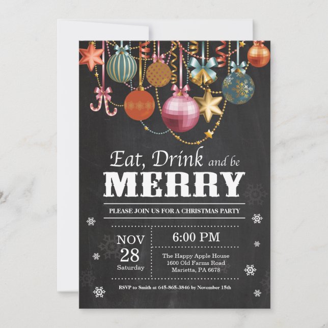 Christmas Holiday Party Invitation Eat Drink Merry (Front)