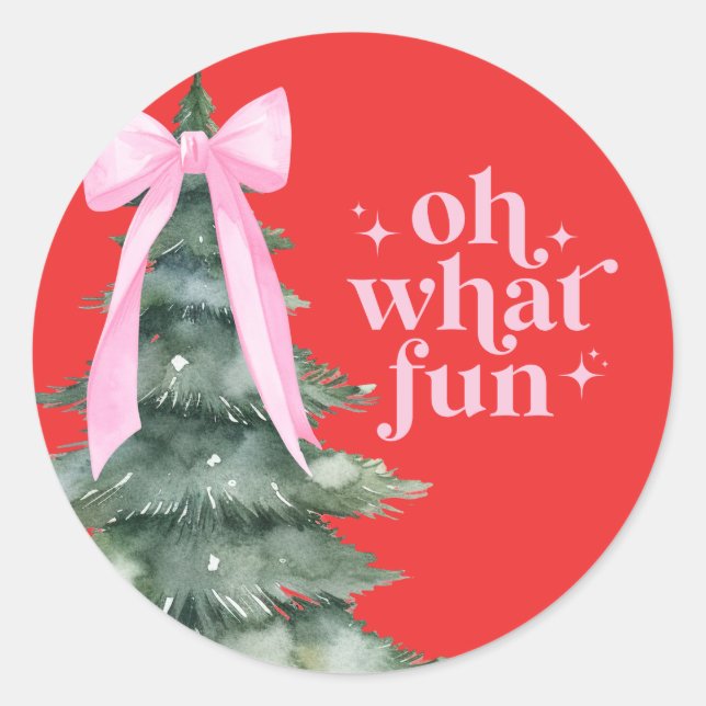 Christmas Holiday Party Oh What Fun Pink Classic Round Sticker (Front)