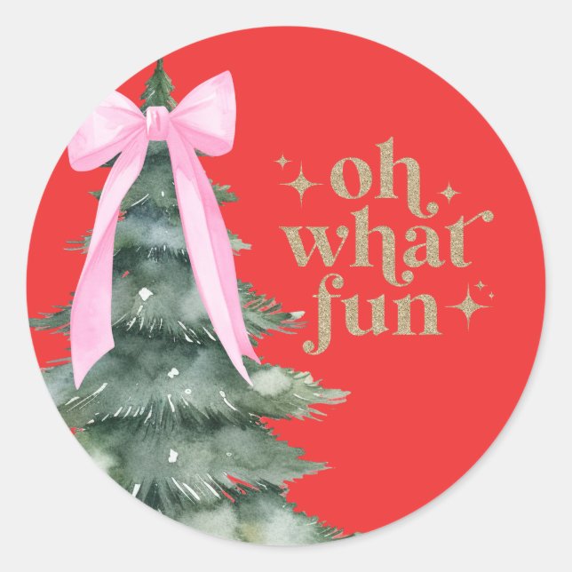 Christmas Holiday Party Oh What Fun Pink Classic Round Sticker (Front)