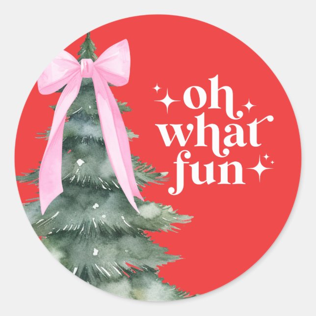 Christmas Holiday Party Oh What Fun Pink Classic Round Sticker (Front)