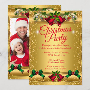 Christmas Holiday Party  Photo Gold Red Invitation