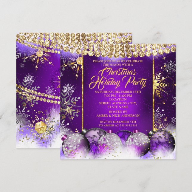 Christmas Holiday Party purple gold Bauble Snow Invitation (Front/Back)