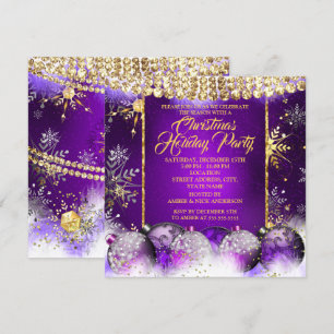 Christmas Holiday Party purple gold Bauble Snow Invitation