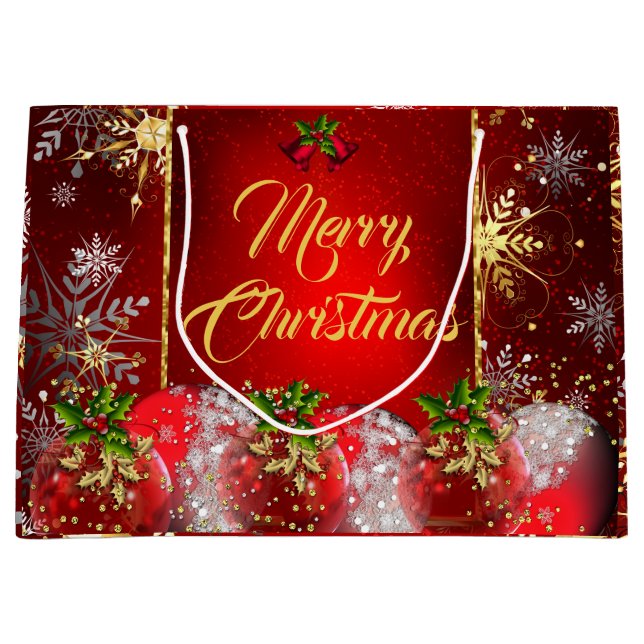 Christmas Holiday Party red gold Baubles Holly Inv Large Gift Bag (Front)