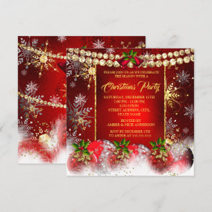 Christmas Holiday Party red gold Baubles Holly Invitation