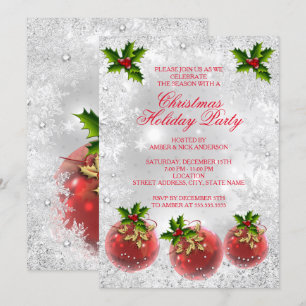 Christmas Holiday Party Red Holly Bauble Silver Invitation