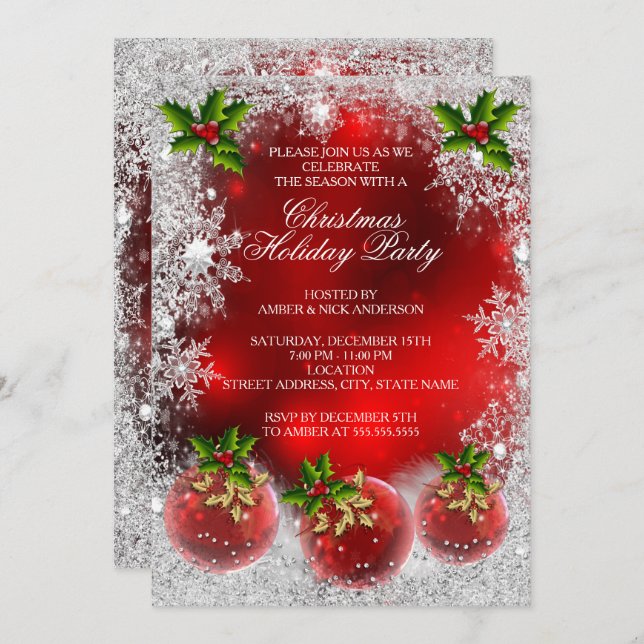 Christmas Holiday Party Red Holly Bauble Snowflake Invitation (Front/Back)