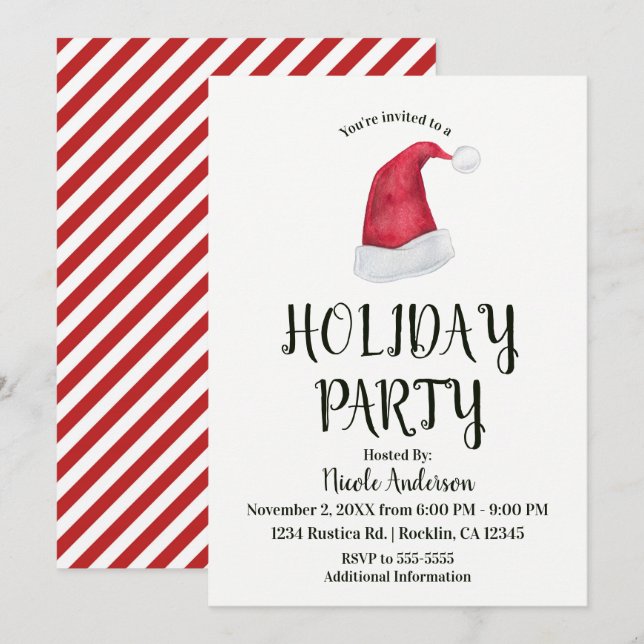 Christmas Holiday Party Red Santa Hat & Stripes Invitation (Front/Back)