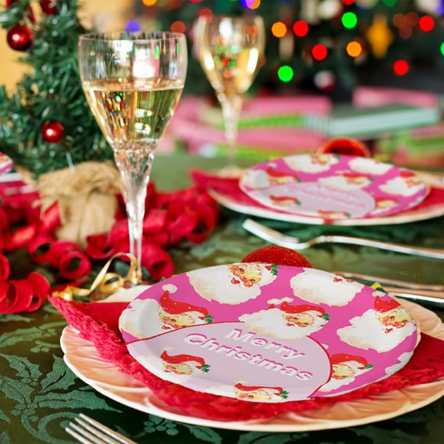 Christmas Holiday Party Santa Claus Pink Paper Plate (Creator Uploaded)