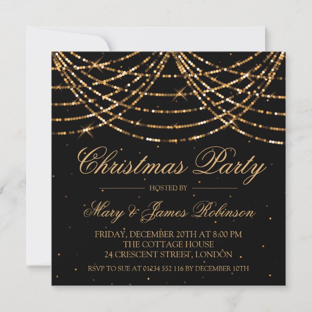 Christmas Holiday Party String Lights Gold Invitation (Front)