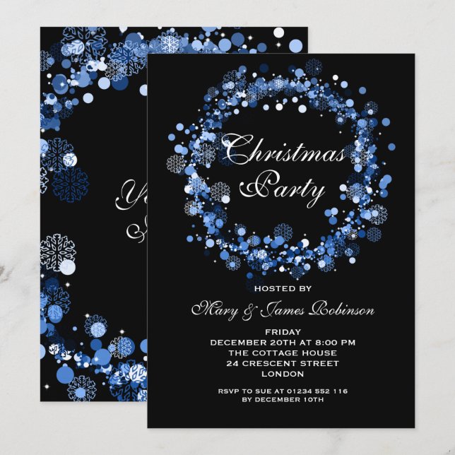 Christmas Holiday Party Wreath Blue Invitation (Front/Back)