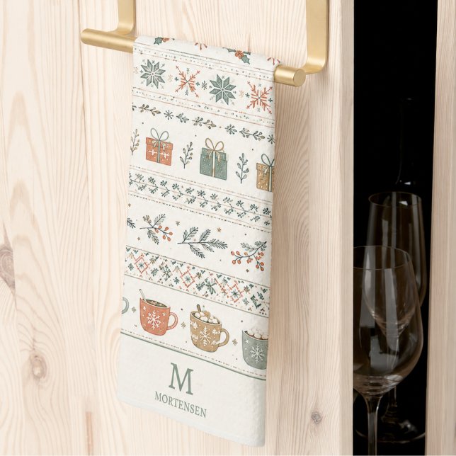 Christmas Holiday Pattern Monogram Tea Towel (elegant cozy scandinavian hygge christmas holiday pattern kitchen towel with custom monogram)