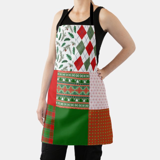 Christmas Holiday Pattern Patchwork Red and Green Apron (Insitu)