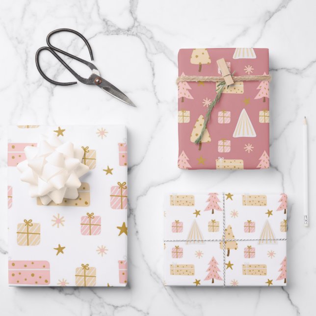Christmas Holiday Pattern Pink Tree and Gifts Wrapping Paper Sheet (Front)