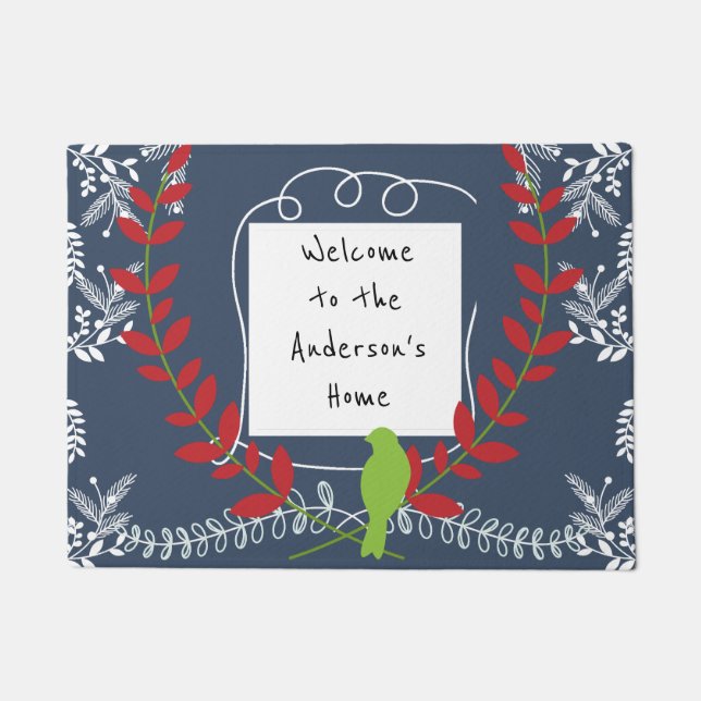 Christmas Holiday  Personalised Bird and Vines Doormat (Front)