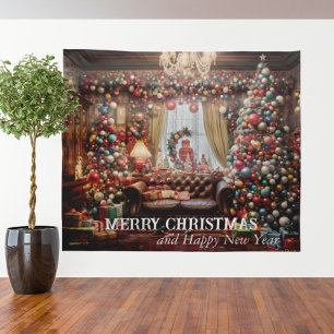 Christmas Holiday Photo Backdrop Decorated Room Tapestry