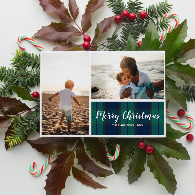 Christmas Holiday Photo Collage Black Watch Plaid Card (Creator Uploaded)