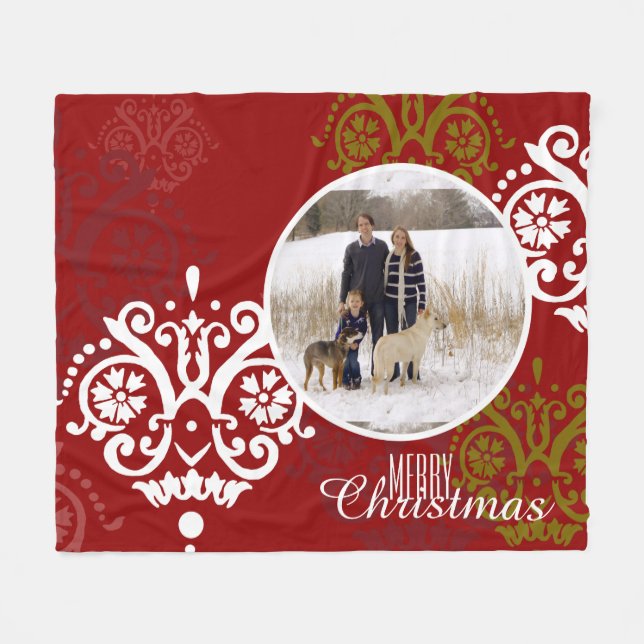 Christmas Holiday Photo Damask Pattern Fleece Blanket (Front (Horizontal))