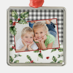 Christmas Holiday Photo Plaid Watercolor Floral Metal Tree Decoration