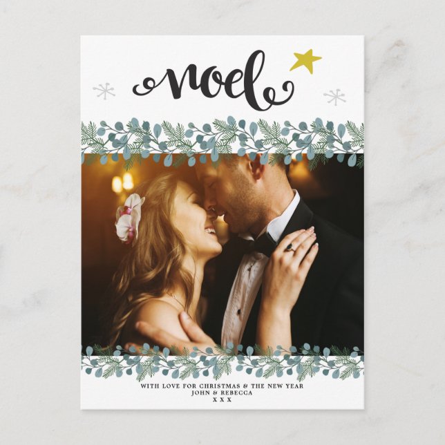 christmas holiday photo postcard blue floral (Front)