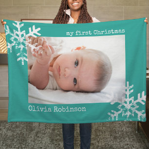 Christmas Holiday Photo Snowflake Teal Fleece Blanket