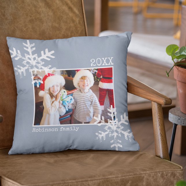 Christmas Holiday Photo Snowflakes Dusty Blue Cushion (Rustic snowflake family holiday keepsake photo pillow perfect for decorate your home.)