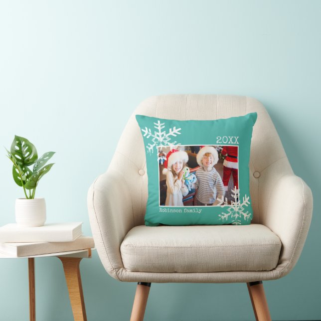 Christmas Holiday Photo Snowflakes Teal Cushion (Chair)