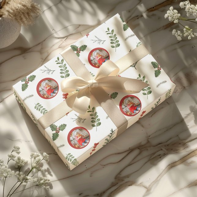 Christmas Holiday Photo with Watercolor Greenery Wrapping Paper (Creator Uploaded)