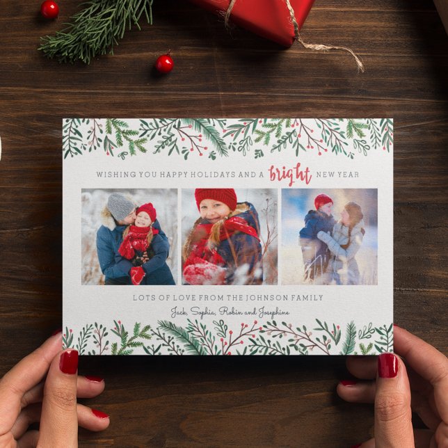 Christmas Holiday | Pine Tree | 3 Photos Card (Christmas Holiday | Pine Tree folliage wreath | 3 Photos greeting Card)