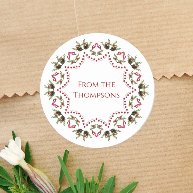 Christmas Holiday Pinecones Mandala Pine Branches Classic Round Sticker (Custom circle mandala gift packaging sticker label. )