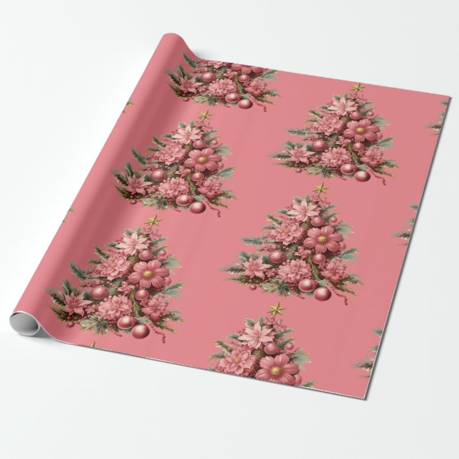 Christmas Holiday Pink Christmas Tree Gift Wrap (Unrolled)