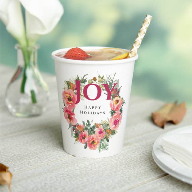 Christmas Holiday Pink Joy Wreath Botanical Paper Cups (Insitu)