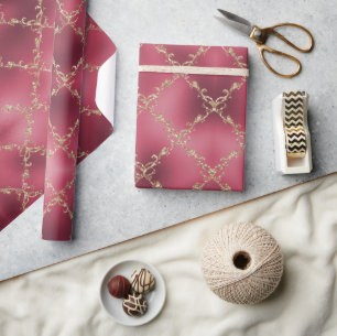 Christmas Holiday Pink Metallic Gold Damask Wrapping Paper