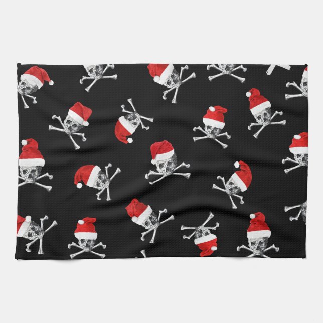 Christmas Holiday Pirate Skulls on Black Tea Towel (Horizontal)