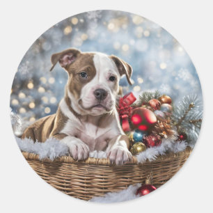 Christmas Holiday Pitbull Puppy Classic Round Sticker