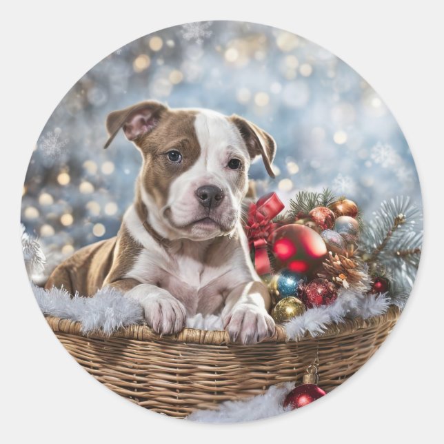Christmas Holiday Pitbull Puppy Classic Round Sticker (Front)