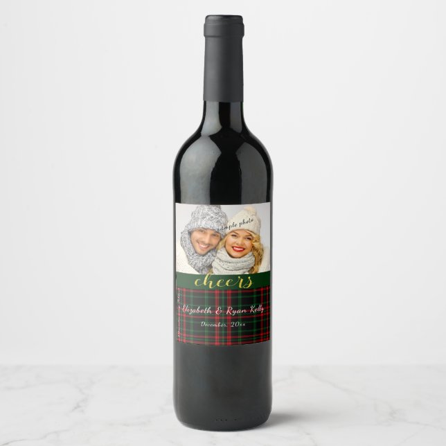 Christmas, Holiday Plaid, Cheers, Personal Photo, Wine Label (Front)