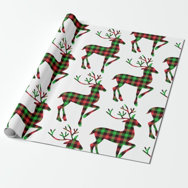 Christmas Holiday Plaid Pattern Reindeer White Wrapping Paper (Unrolled)