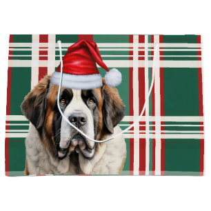 Christmas Holiday Plaid Saint Bernard Dog Lover Large Gift Bag