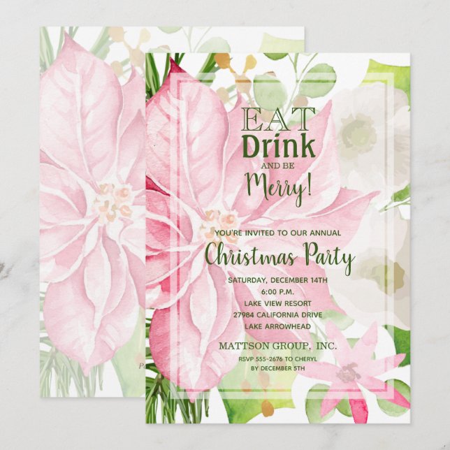 Christmas Holiday Poinsettia Floral Invitations (Front/Back)