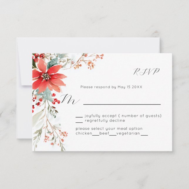 Christmas Holiday Poinsettia floral Wedding RSVP Card (Front)