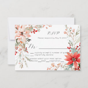 Christmas Holiday Poinsettia floral Wedding RSVP Card