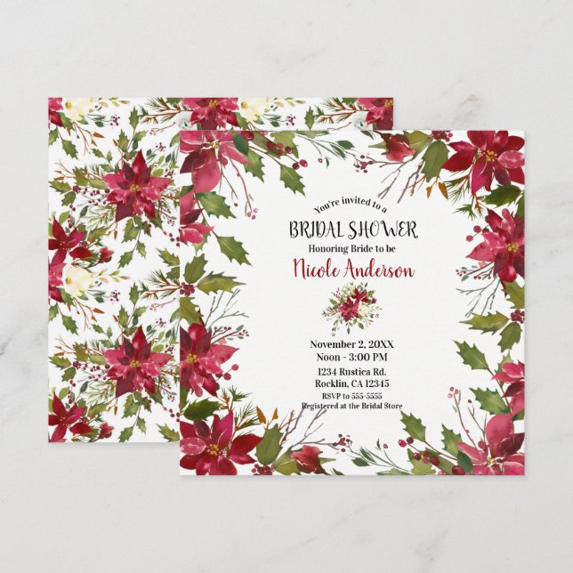 Christmas Holiday Poinsettia Flower Bridal Shower Invitation (Front/Back)