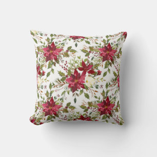 Christmas Holiday Poinsettia Flower Holly Berry Cushion