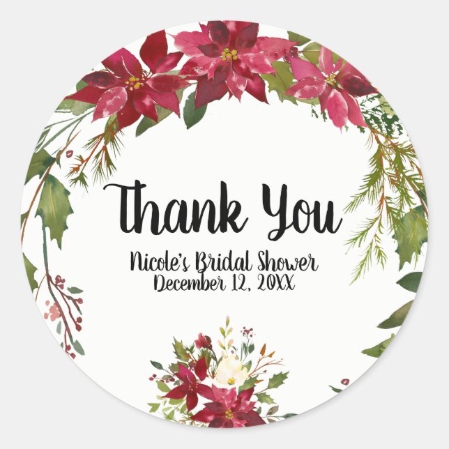 Christmas Holiday Poinsettia Flower Winter Floral Classic Round Sticker (Front)